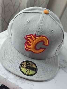 New Era Gray Calgary Flames Fitted Hat with Red & Yellow Logo